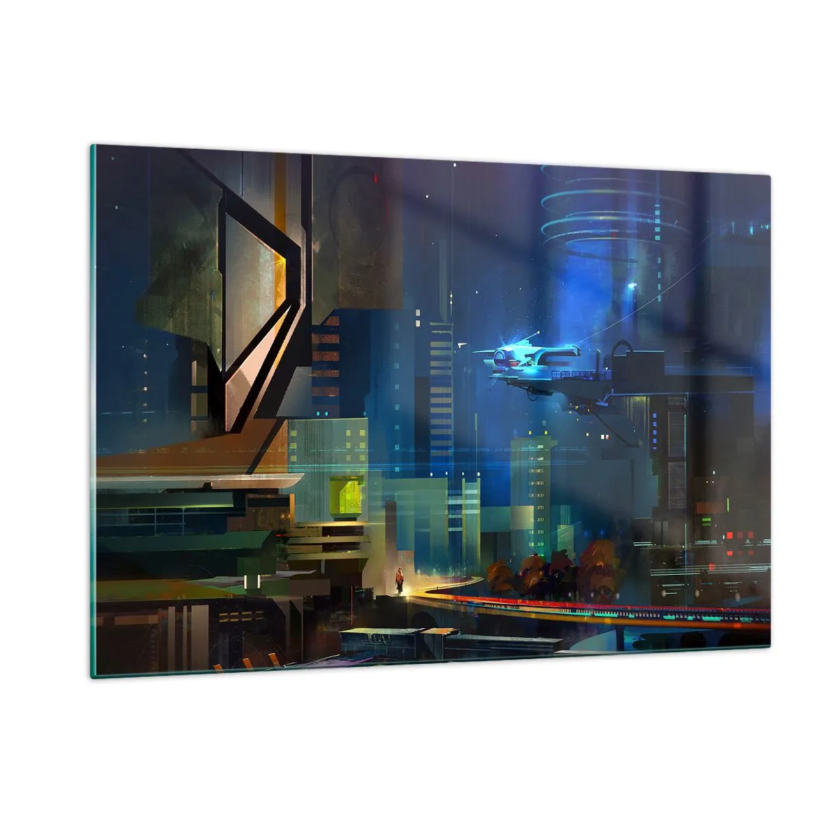 Impression sur verre - Image sur verre - Ville futuriste la nuit avec des néons et un véhicule volant - 120x80cm - Dans le futur proche - Décoration murale moderne pour le salon et la chambre ARTTOR