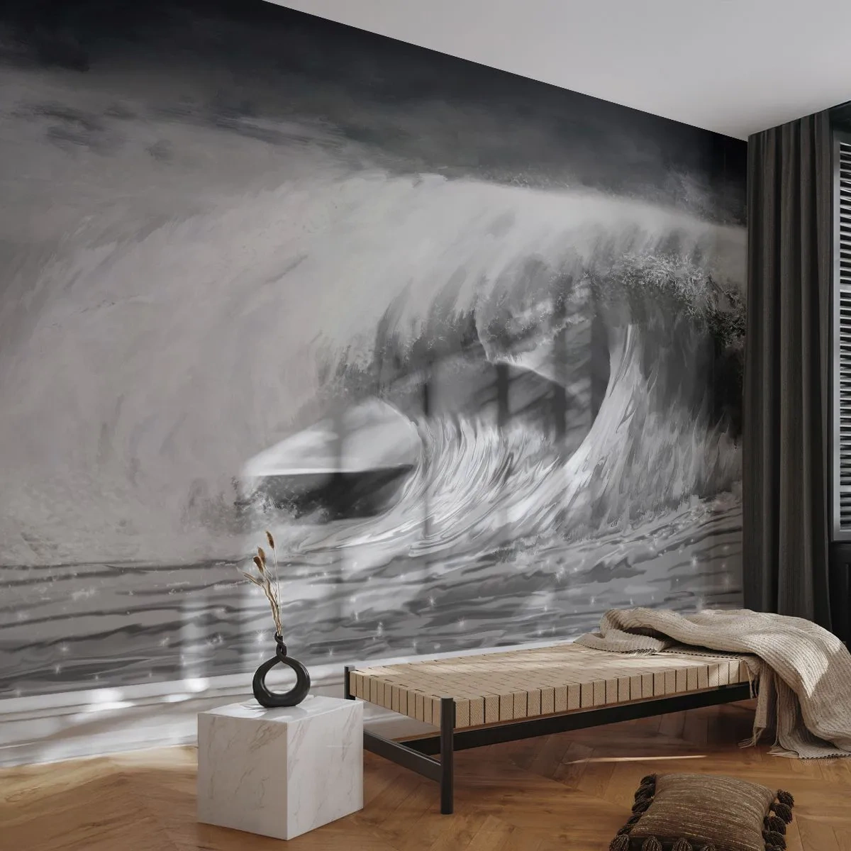 Papier Peint Photo Premium Sand - Une vague de mer monochrome dans une prise de vue dynamique - 100x70cm - La colère de l'océan - Décoration murale moderne pour le salon et la chambre ARTTOR