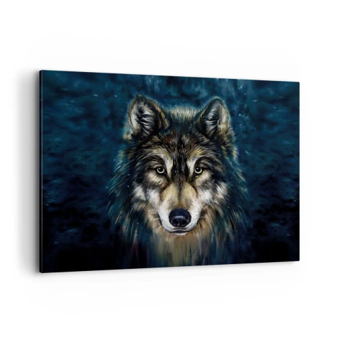 Impression sur toile - Image sur toile - Portrait d'un loup sur fond bleu foncé - 100x70cm - Alpha? Et oméga - Décoration murale moderne pour le salon et la chambre ARTTOR