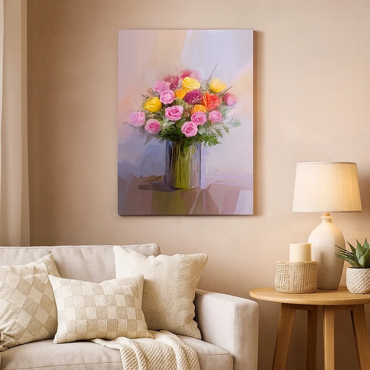 Impression sur toile - Image sur toile - Un bouquet de roses colorées dans un vase en verre - 50x70cm - Beauté conservée - Décoration murale moderne pour le salon et la chambre ARTTOR