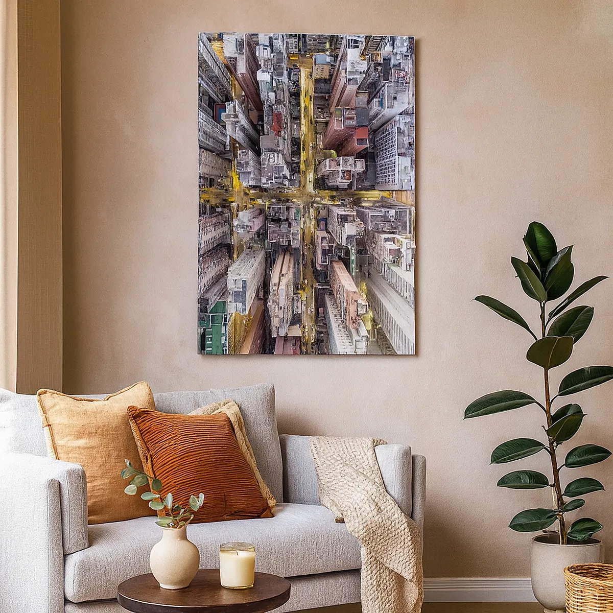 Impression sur toile - Image sur toile - Une vue plongeante sur une ville pleine de gratte-ciels - 50x70cm - Salutations de Hong-Kong - Décoration murale moderne pour le salon et la chambre ARTTOR