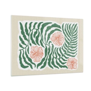 Impression sur verre - Image sur verre - Feuilles vertes et fleurs rouges dans un arrangement graphique - 70x50cm - Fleurit en vert - Décoration murale moderne pour le salon et la chambre ARTTOR