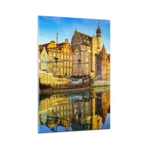 Impression sur verre - Image sur verre - Une vue pittoresque de la vieille ville avec un voilier et de l'eau - 80x120cm - Reflet dans le miroir du passé - Décoration murale moderne pour le salon et la chambre ARTTOR
