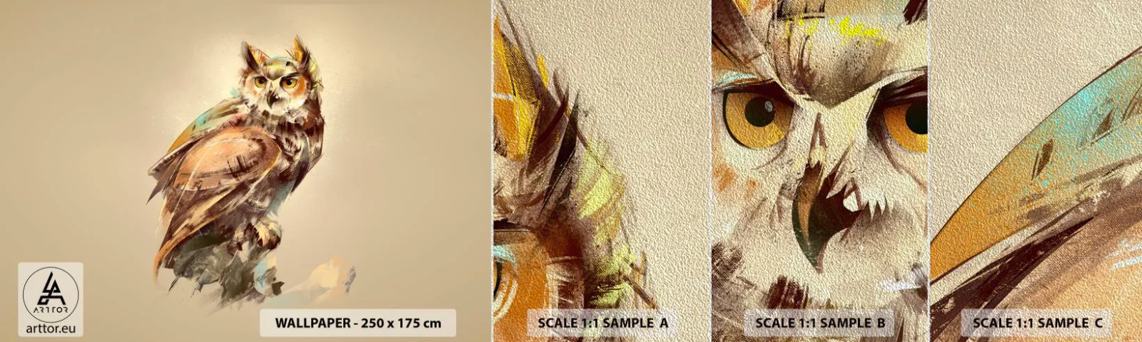 Échantillon de Papier Peint Premium Sand - Le hibou le plus intelligent - confirmera la forêt de chênes - Hibou, Oiseau, Abstraction - 100x30 cm