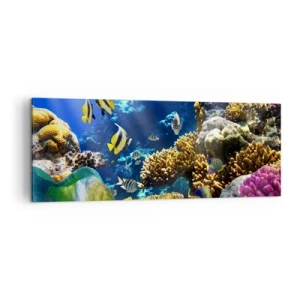 Impression sur toile - Image sur toile - Un récif corallien coloré avec des poissons tropicaux dans les profondeurs de l'océan. - 140x50cm - Beaucoup de circulation sur la route des vacances - Décoration murale moderne pour le salon et la chambre ARTTOR
