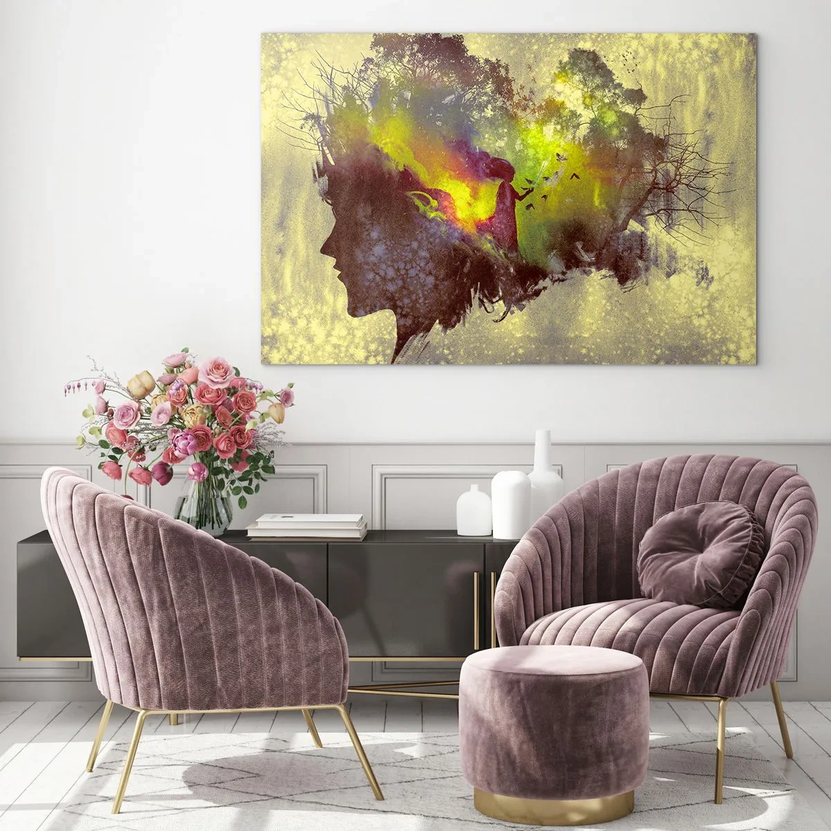 Impression sur verre - Image sur verre - Profil de visage de femme rempli de nature et d'effets colorés. - 100x70cm - Mère Nature - Décoration murale moderne pour le salon et la chambre ARTTOR