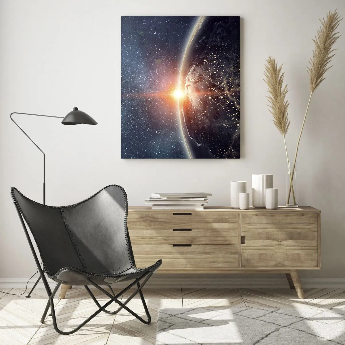 Impression sur verre - Image sur verre - La Terre illuminée par les rayons du soleil dans l'espace - 50x70cm - Dans une nouvelle perspective - Décoration murale moderne pour le salon et la chambre ARTTOR