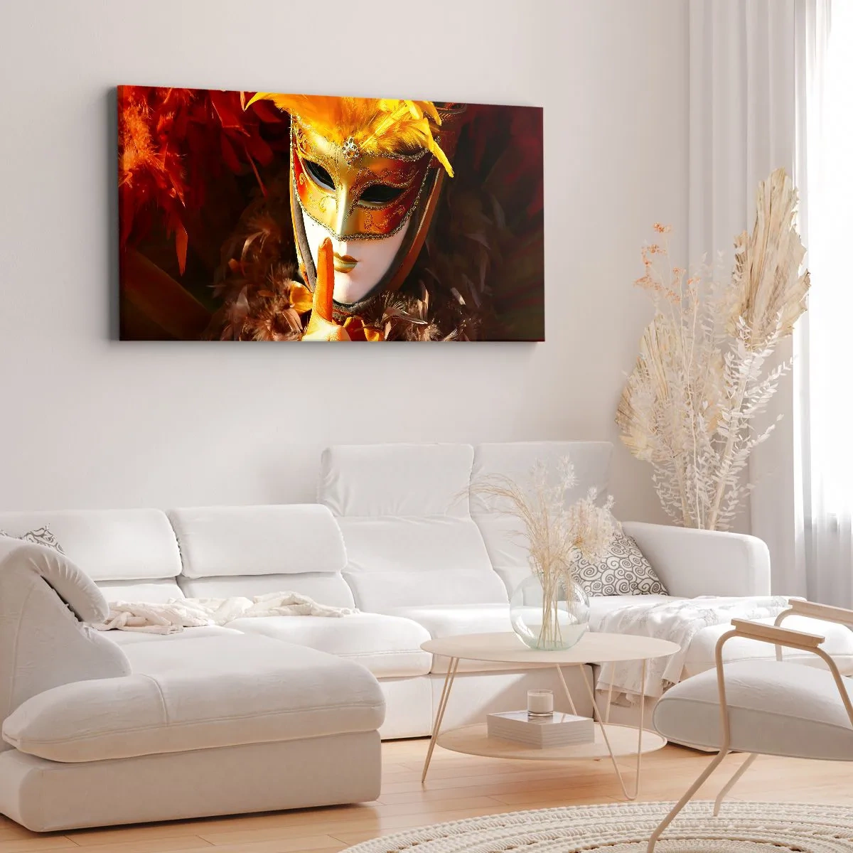 Impression sur toile - Image sur toile - Masque de carnaval aux tons or et orange - 120x50cm - Le secret est une partie du jeu - Décoration murale moderne pour le salon et la chambre ARTTOR