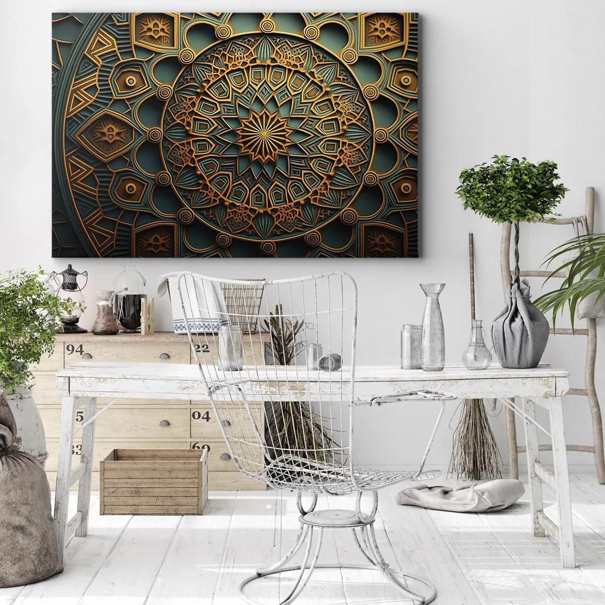 Impression sur toile - Image sur toile - Un mandala doré sur fond turquoise avec des détails riches. - 120x80cm - Dans une ambiance arabe - Décoration murale moderne pour le salon et la chambre ARTTOR