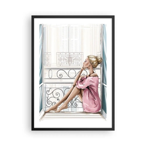 Affiche dans un cadre noir - Poster - Une femme en peignoir rose assise sur un balcon - 50x70cm - Matinée parisienne - Décoration murale moderne pour le salon et la chambre ARTTOR