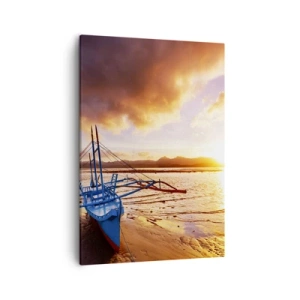 Impression sur toile - Image sur toile - Bateau bleu sur la plage au coucher du soleil - 50x70cm - Allongez-vous dans le sable après une longue journée - Décoration murale moderne pour le salon et la chambre ARTTOR