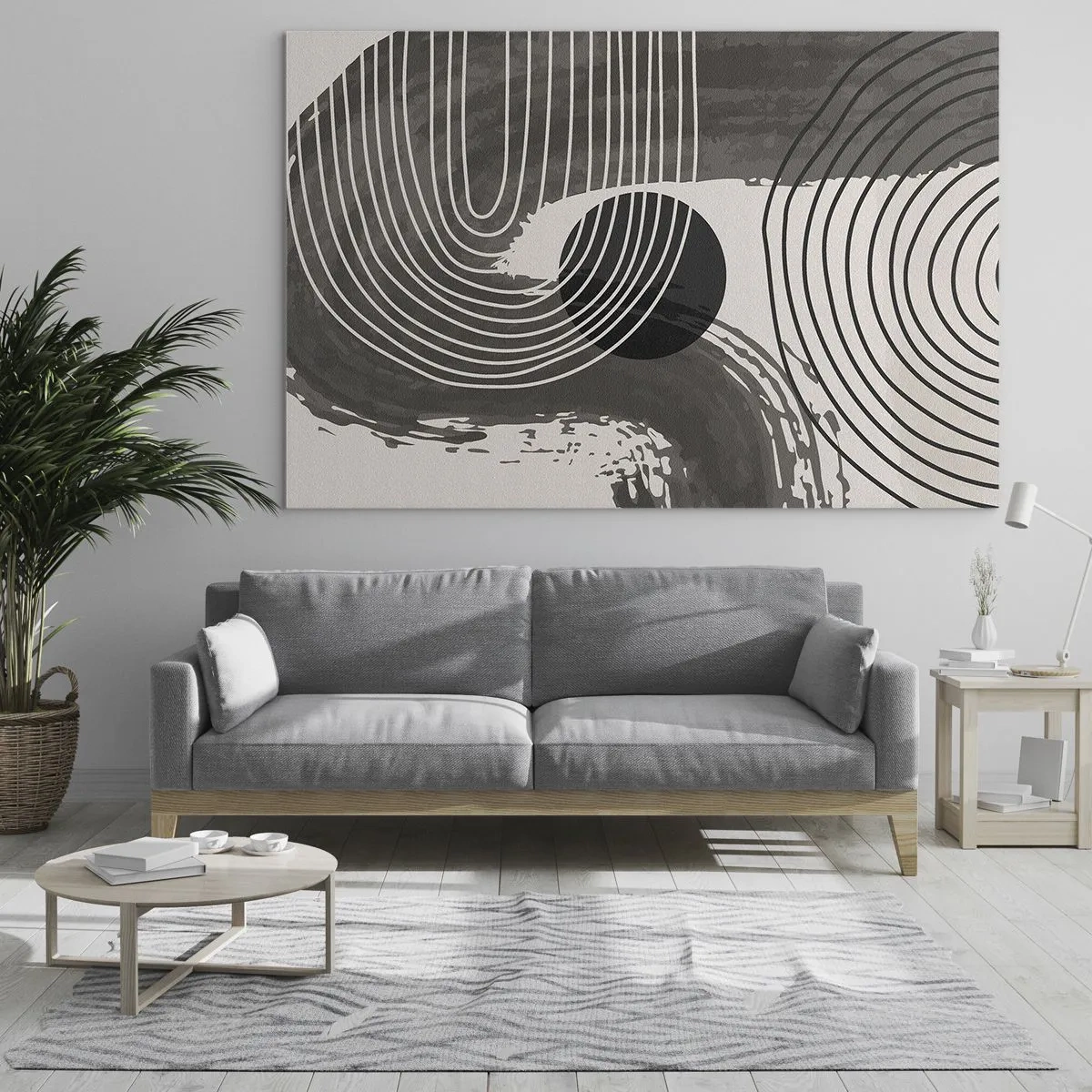 Impression sur verre - Image sur verre - Abstraction moderne avec des lignes noires et blanches et un ovale - 70x50cm - L'ovale gagne - Décoration murale moderne pour le salon et la chambre ARTTOR