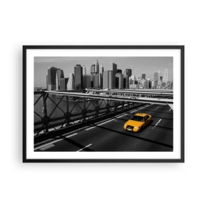 Affiche dans un cadre noir - Poster - Taxi jaune sur un pont avec vue sur les toits de New York - 70x50cm - Couleur de la grande ville - Décoration murale moderne pour le salon et la chambre ARTTOR