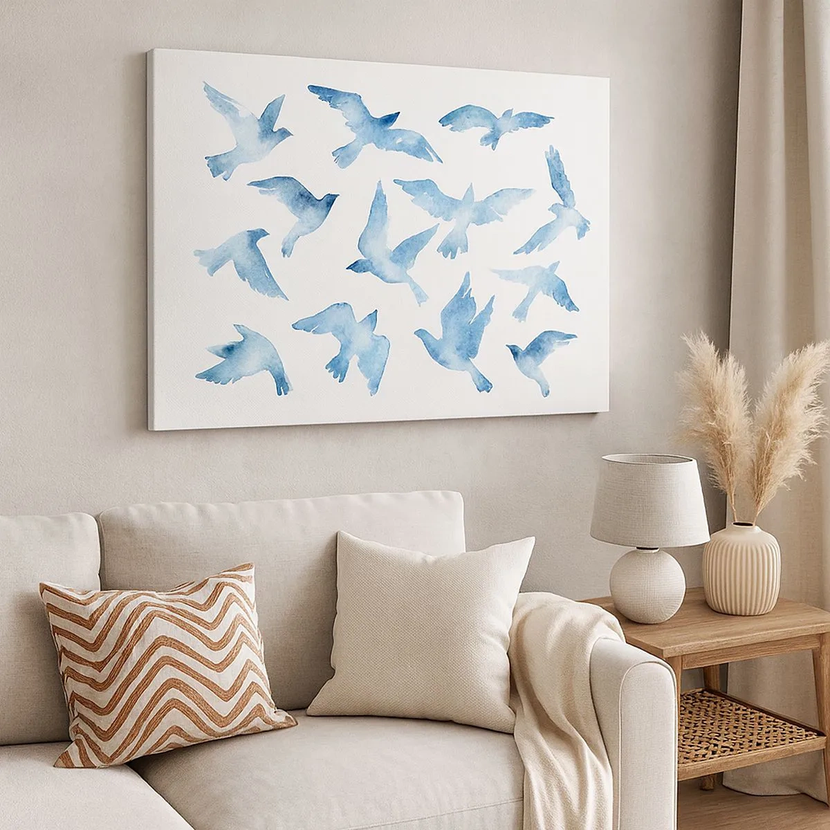 Impression sur toile - Image sur toile - Une aquarelle subtile représentant des oiseaux en vol - 70x50cm - Oiseaux bleus - Décoration murale moderne pour le salon et la chambre ARTTOR