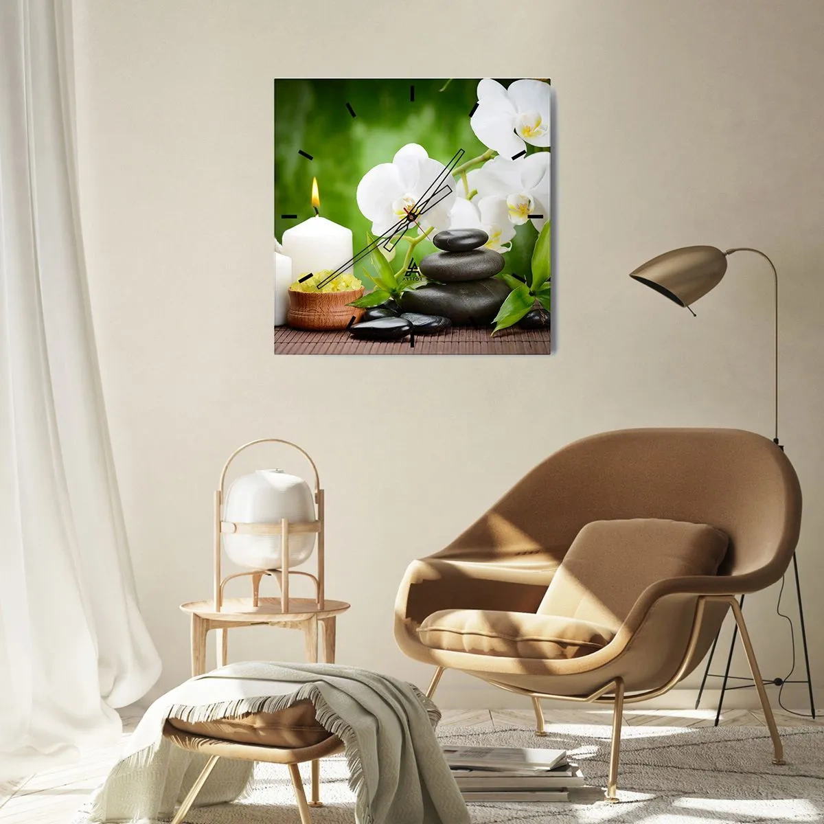 Horloge murale - Pendule murale - Orchidées, bougies et pierres en pleine nature - 30x30cm - Doux, floral, toucher délicat - Décoration murale moderne pour le salon et la chambre ARTTOR