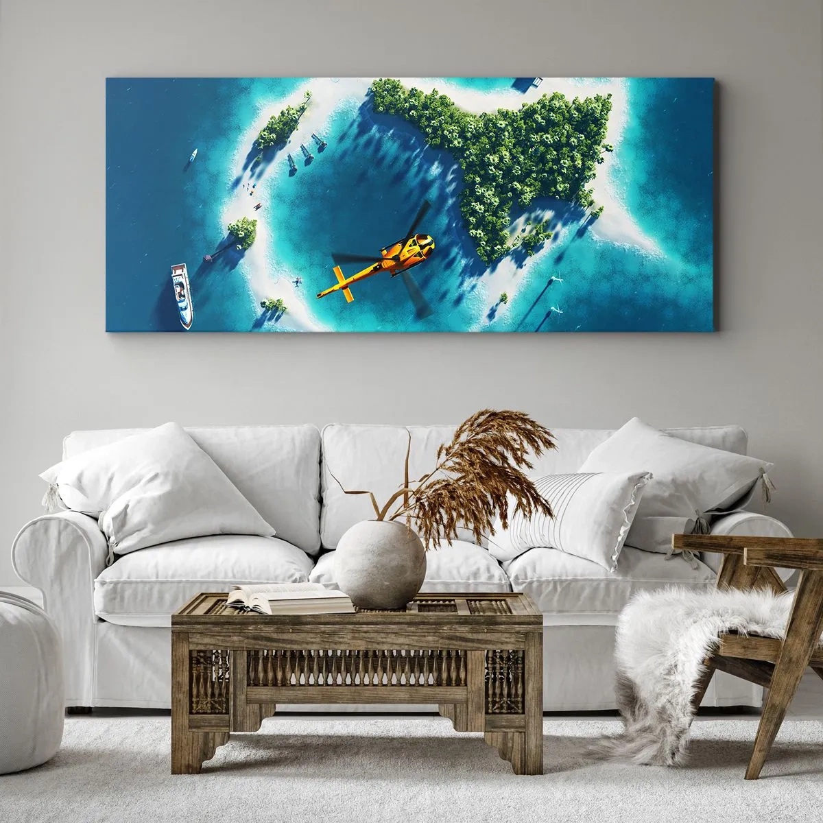 Impression sur toile - Image sur toile - Une île tropicale entourée d'eau turquoise avec un hélicoptère en vue - 160x50cm - Achetez-vous une île - Décoration murale moderne pour le salon et la chambre ARTTOR