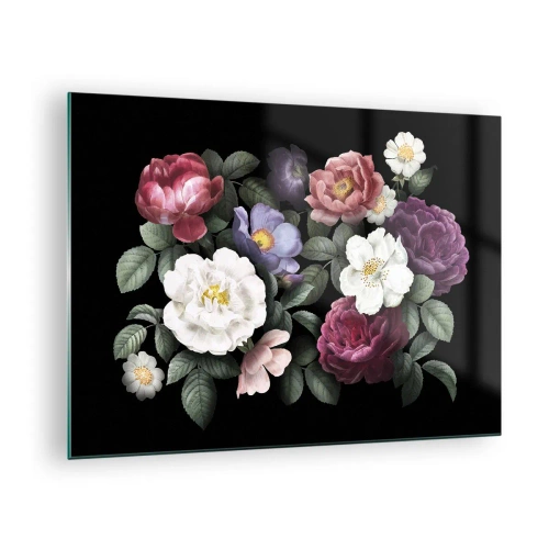 Impression sur verre - Image sur verre - Composition florale avec des pivoines sur fond noir - 70x50cm - D'un jardin anglais - Décoration murale moderne pour le salon et la chambre ARTTOR
