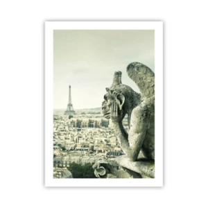 Affiche - Poster - Une gargouille surplombant la Tour Eiffel et les toits de Paris - 50x70cm - Bavardage parisien - Décoration murale moderne pour le salon et la chambre ARTTOR