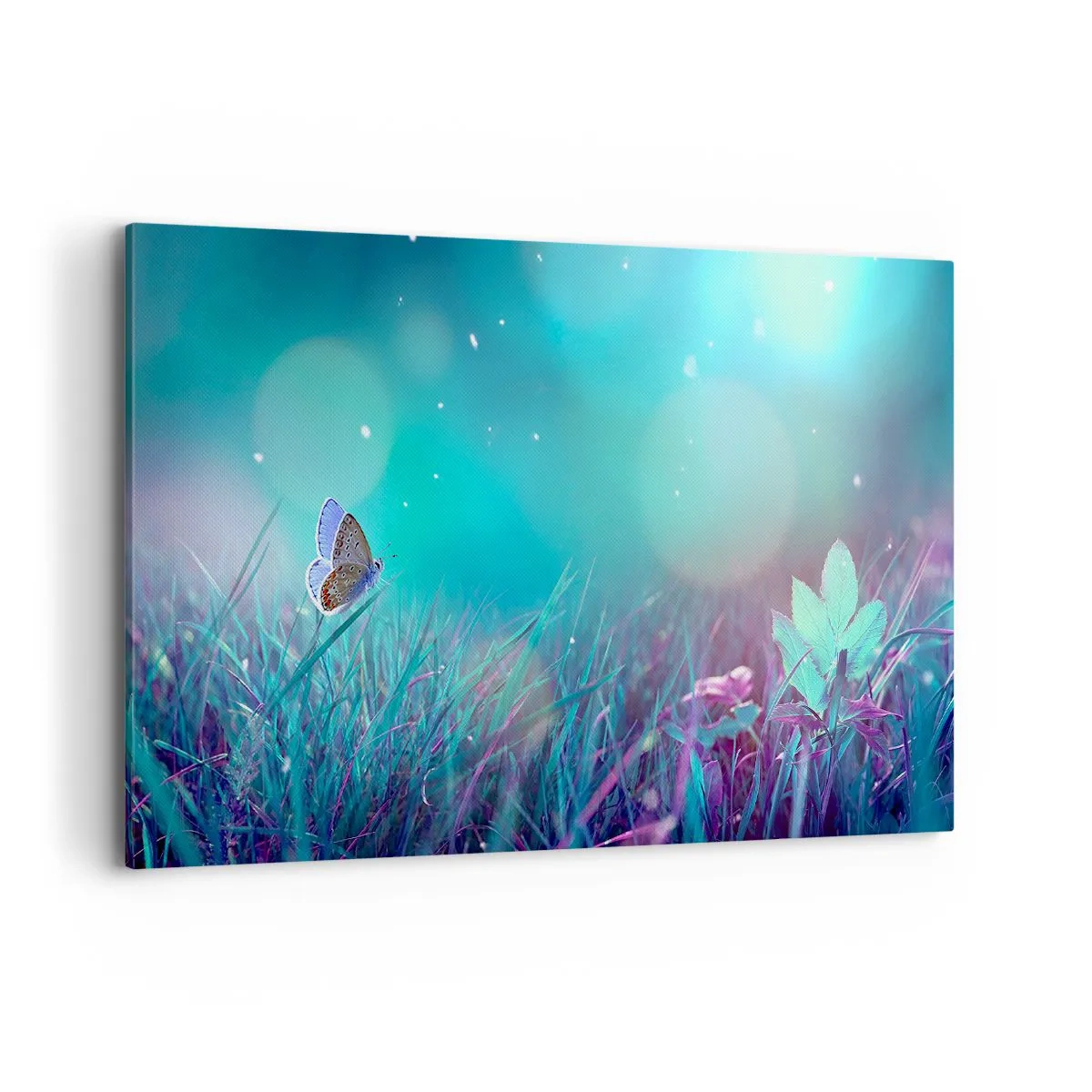 Impression sur toile - Image sur toile - Un papillon sur l'herbe à la lumière de reflets flous - 100x70cm - La vie secrète de la prairie - Décoration murale moderne pour le salon et la chambre ARTTOR