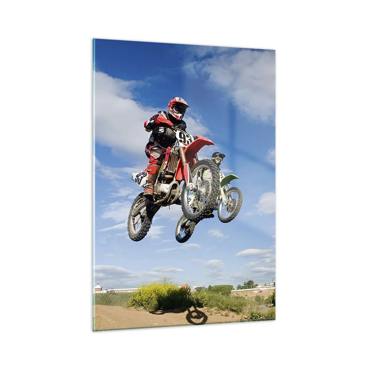 Impression sur verre - Image sur verre - Un pilote de moto en vol contre un ciel bleu - 50x70cm - Saut en parachute - Décoration murale moderne pour le salon et la chambre ARTTOR