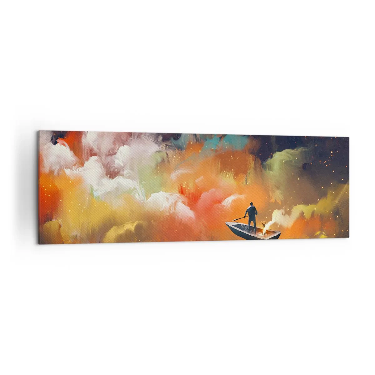 Impression sur toile - Image sur toile - Une silhouette dans un bateau sur un fond de nuages colorés - 160x50cm - En bateau à travers la galaxie - Décoration murale moderne pour le salon et la chambre ARTTOR