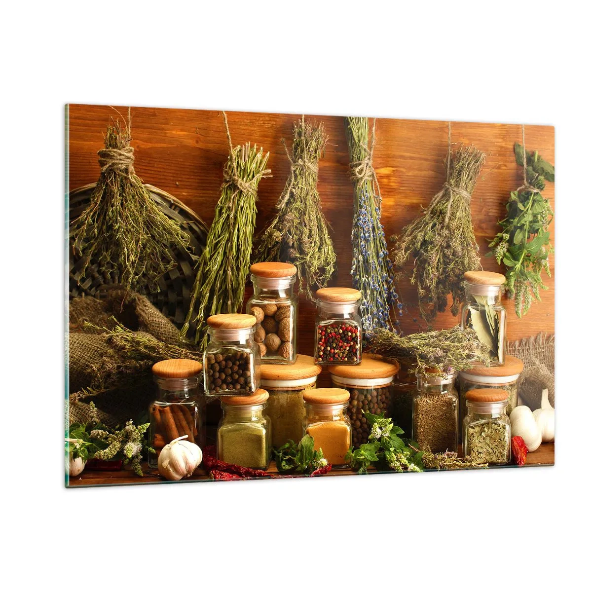 Impression sur verre - Image sur verre - Herbes et épices en pots sur fond de bois - 120x80cm - Sortilèges de cuisine - Décoration murale moderne pour le salon et la chambre ARTTOR