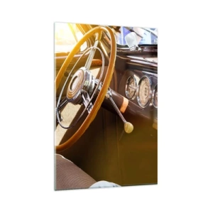 Impression sur verre - Image sur verre - Gros plan de l'intérieur d'une voiture classique avec des détails en bois et en chrome. - 80x120cm - Souffle de luxe venu du passé - Décoration murale moderne pour le salon et la chambre ARTTOR