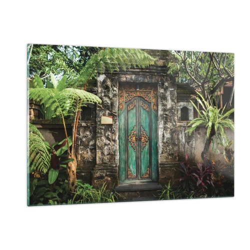 Impression sur verre - Image sur verre - Porte turquoise ornée dans un mur de pierre entouré de végétation tropicale - 120x80cm - Porte vers un monde exotique - Décoration murale moderne pour le salon et la chambre ARTTOR