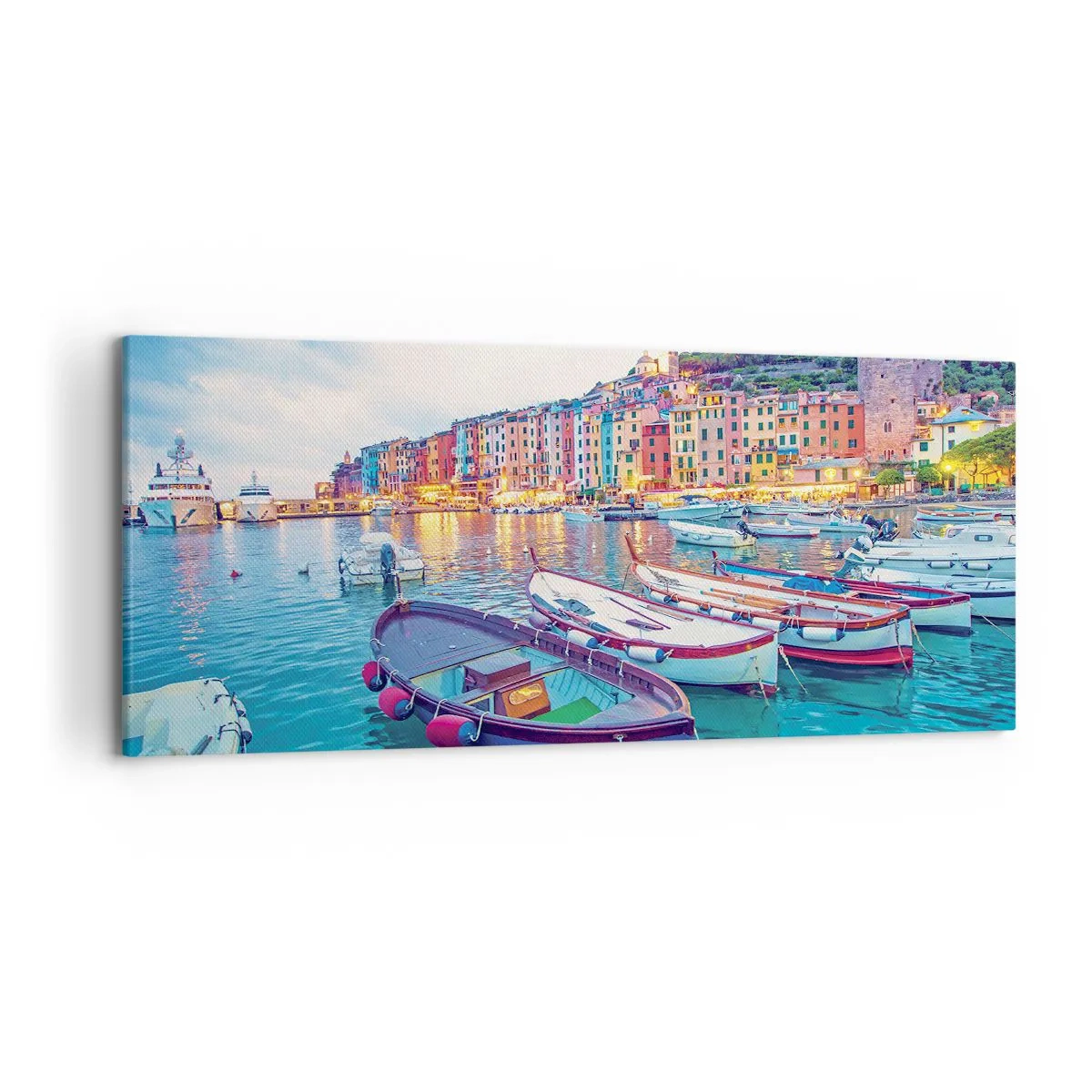 Impression sur toile - Image sur toile - Une ville portuaire colorée avec des bateaux dans le port - 120x50cm - Soirée colorée au port - Décoration murale moderne pour le salon et la chambre ARTTOR