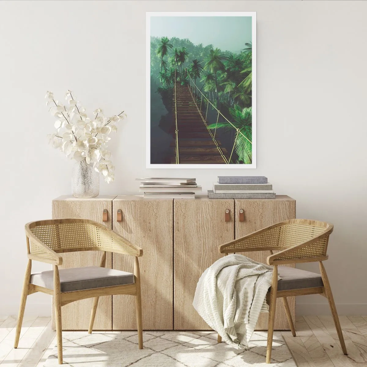 Affiche - Poster - Un pont suspendu dans une forêt tropicale pleine de palmiers - 50x70cm - Au fil de la verdure - Décoration murale moderne pour le salon et la chambre ARTTOR