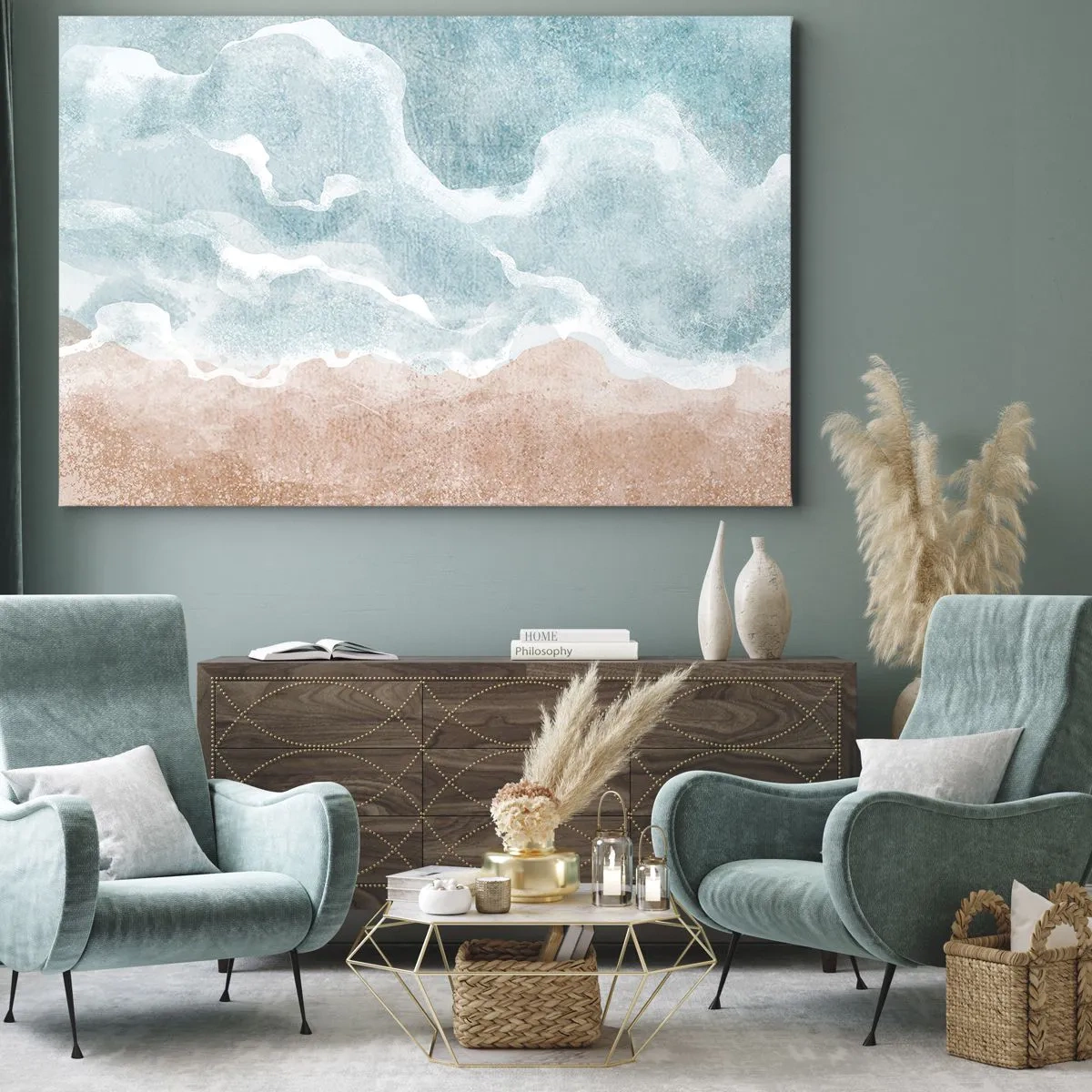 Impression sur toile - Image sur toile - Plage abstraite avec des vagues dans les tons bleus et beiges - 70x50cm - Abstraction du nuage - Décoration murale moderne pour le salon et la chambre ARTTOR