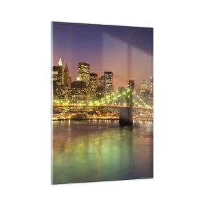 Impression sur verre - Image sur verre - Pont illuminé sur la rivière avec vue panoramique sur la ville au crépuscule - 50x70cm - Ici la lumière ne s'éteint jamais - Décoration murale moderne pour le salon et la chambre ARTTOR
