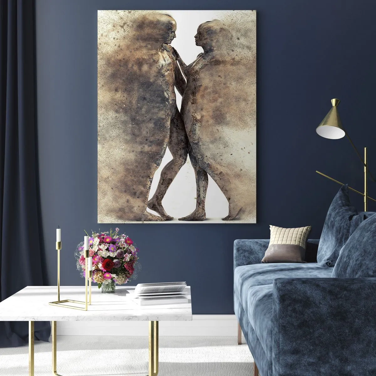 Impression sur verre - Image sur verre - Silhouettes abstraites de deux personnages dans un style poussiéreux - 50x70cm - Ils sont sortis de la poussière pour aimer - Décoration murale moderne pour le salon et la chambre ARTTOR