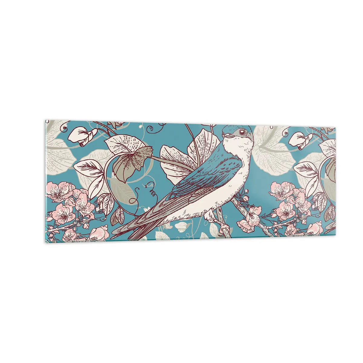 Impression sur verre - Image sur verre - Un oiseau sur une branche dans un style floral délicat - 140x50cm - Dans le bois blanc du rouge et de l'argent - Décoration murale moderne pour le salon et la chambre ARTTOR