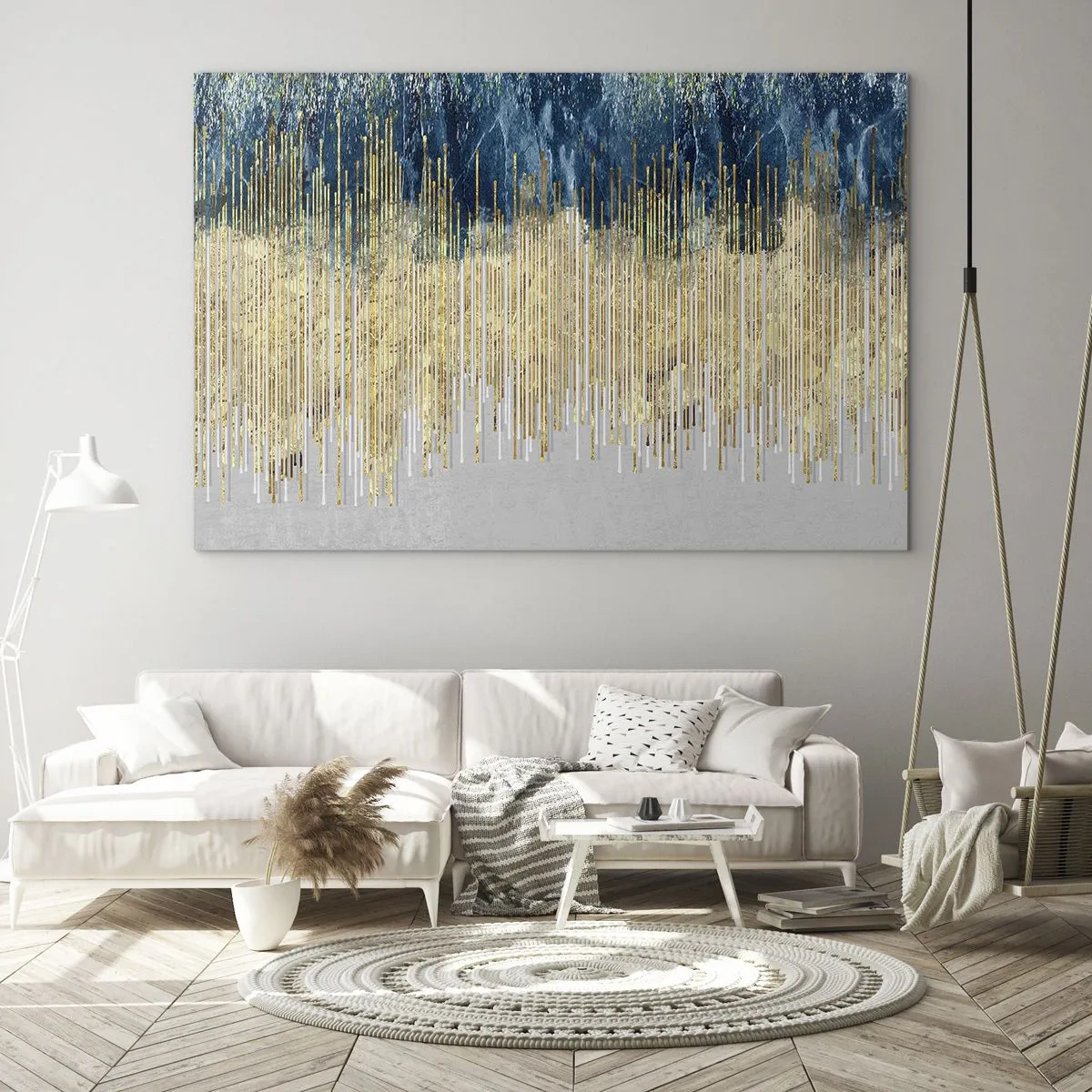 Impression sur verre - Image sur verre - Lignes verticales dorées sur fond de forêt bleu foncé - 70x50cm - Bordure dorée - Décoration murale moderne pour le salon et la chambre ARTTOR
