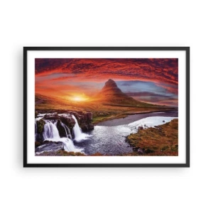 Affiche dans un cadre noir - Poster - Paysage de montagne avec une cascade au coucher du soleil - 70x50cm - Vue de la terre du milieu - Décoration murale moderne pour le salon et la chambre ARTTOR
