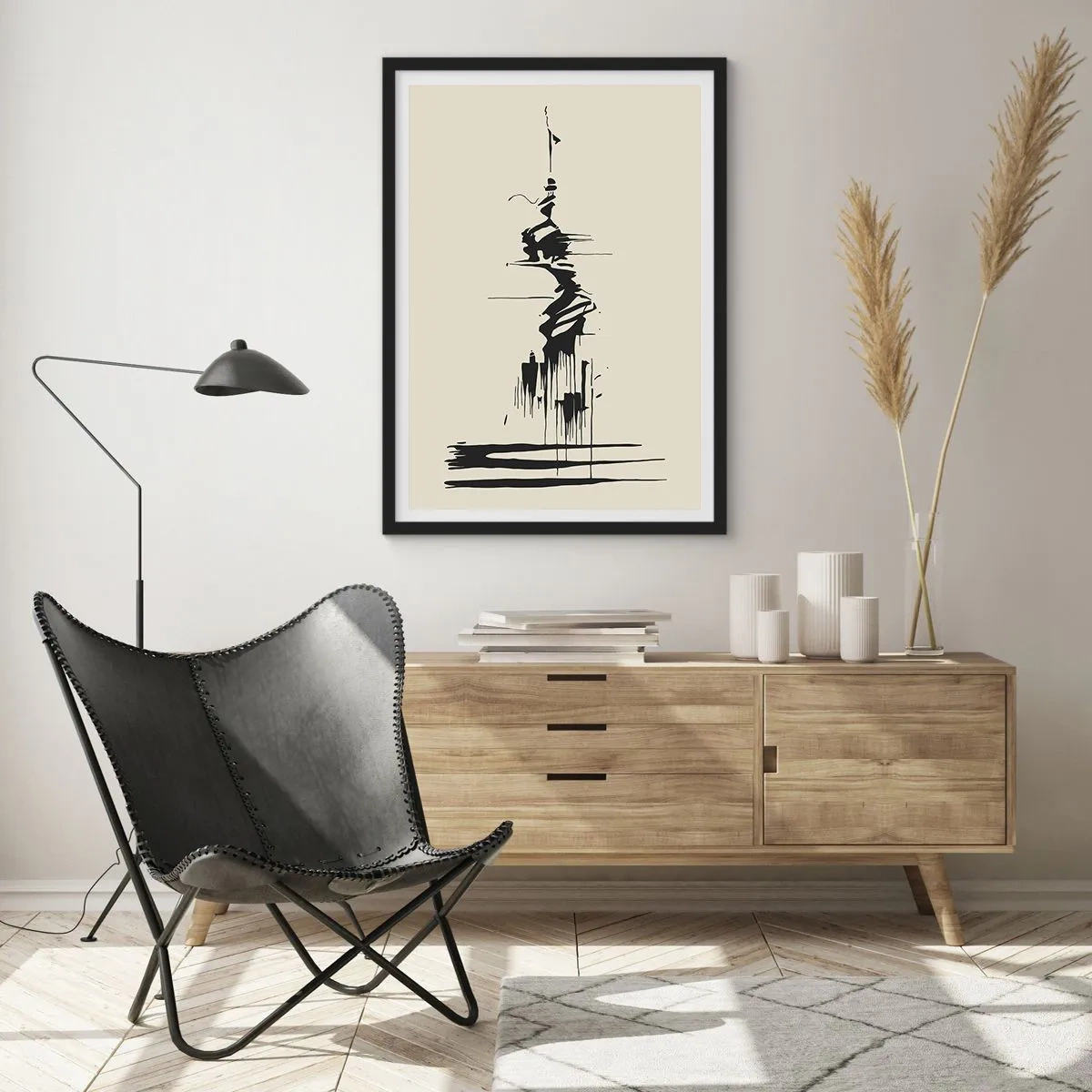 Affiche dans un cadre noir - Poster - Un dessin abstrait d'une figure sur un fond de ligne ondulée. - 50x70cm - Abstraction hâtive - Décoration murale moderne pour le salon et la chambre ARTTOR