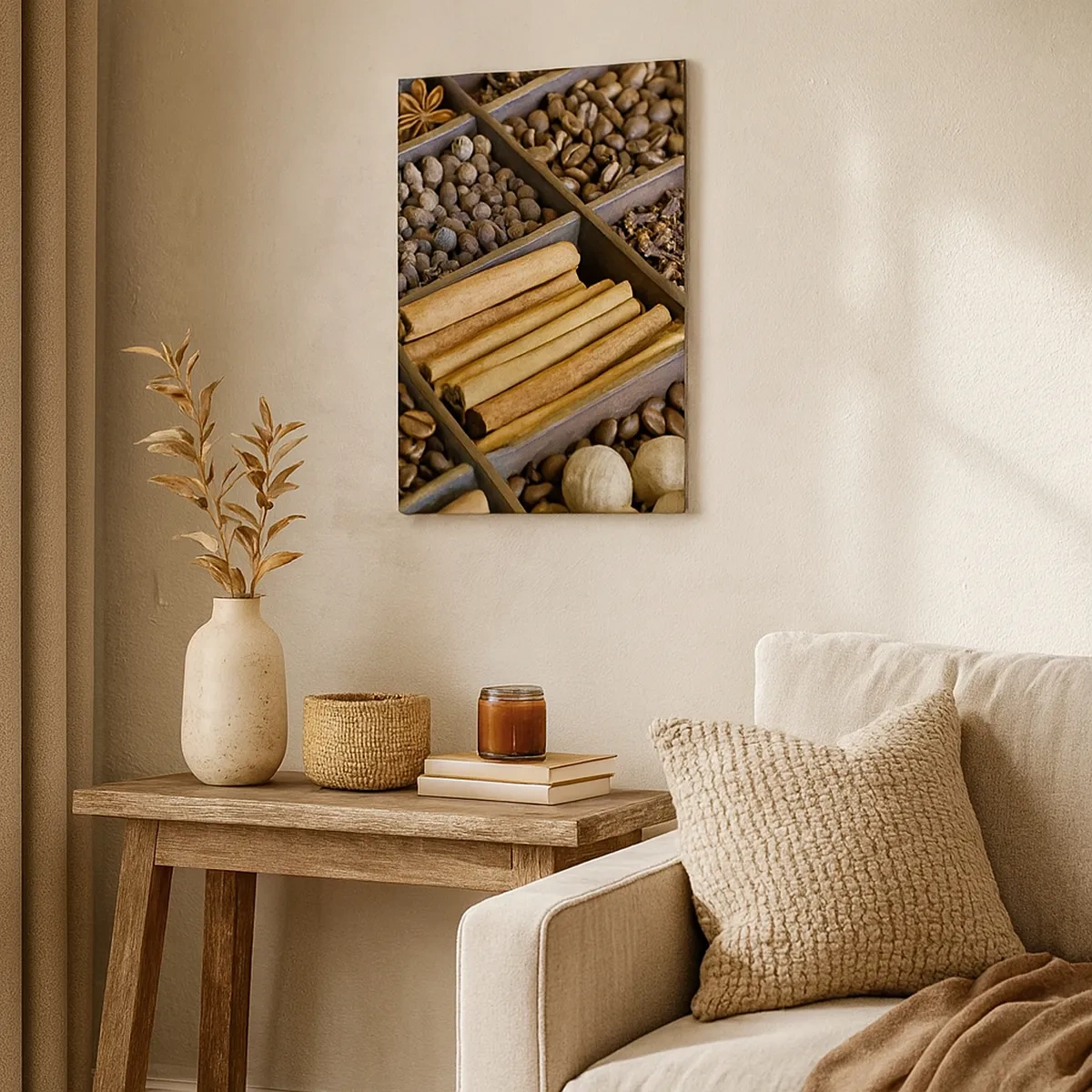 Impression sur toile - Image sur toile - Épices et café dans des compartiments en bois - 50x70cm - Trésor d'arômes - Décoration murale moderne pour le salon et la chambre ARTTOR