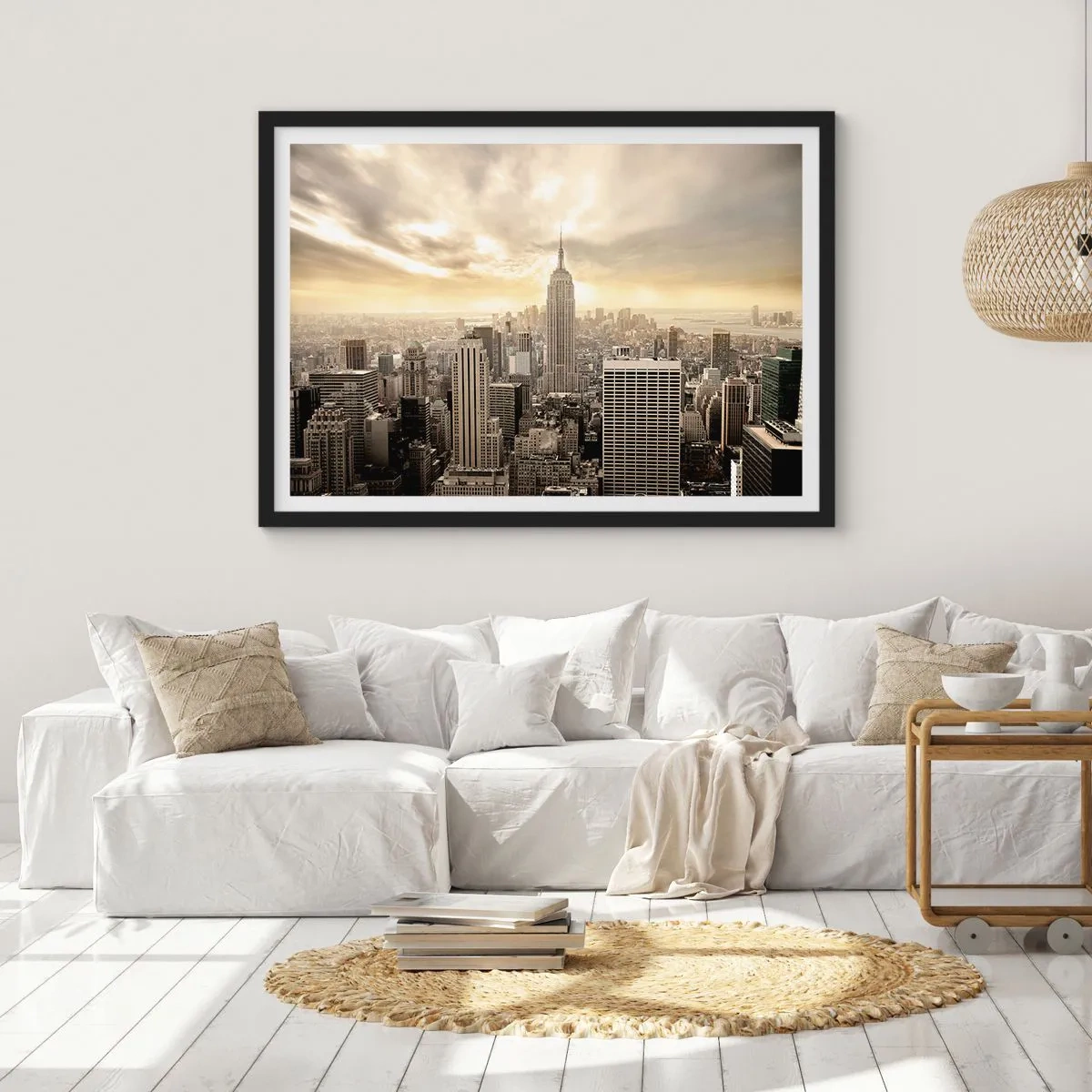 Affiche dans un cadre noir - Poster - Panorama de la ville avec vue sur l'Empire State Building - 100x70cm - New York tissé de gris - Décoration murale moderne pour le salon et la chambre ARTTOR