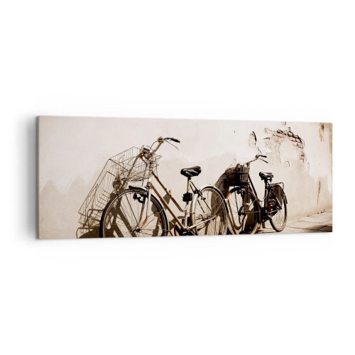 Impression sur toile - Image sur toile - Deux vélos appuyés contre un vieux mur de style rétro - 140x50cm - Le charme inoubliable du passé - Décoration murale moderne pour le salon et la chambre ARTTOR