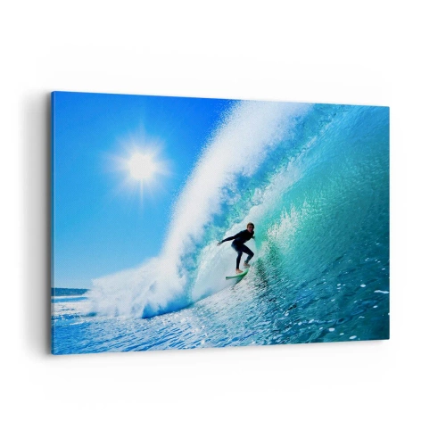 Impression sur toile - Image sur toile - Un surfeur sur une planche chevauche une vague puissante sous un ciel bleu. - 100x70cm - A travers le grand ciel bleu - Décoration murale moderne pour le salon et la chambre ARTTOR