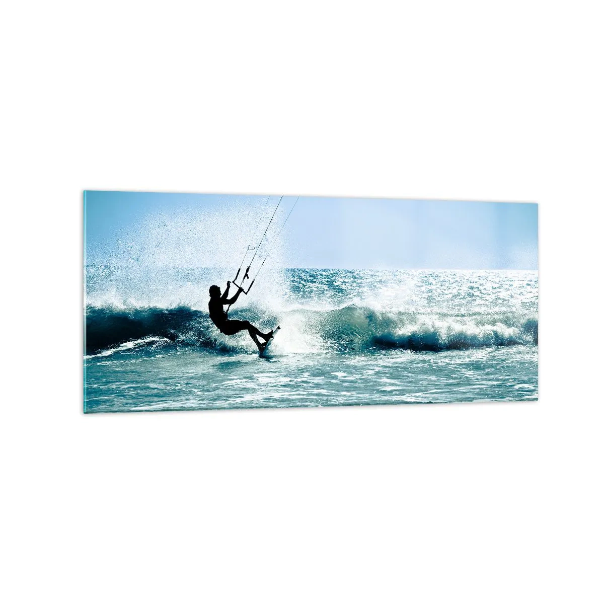 Impression sur verre - Image sur verre - Kitesurfeur sur une vague en plein soleil - 120x50cm - On se laisse emporter - Décoration murale moderne pour le salon et la chambre ARTTOR