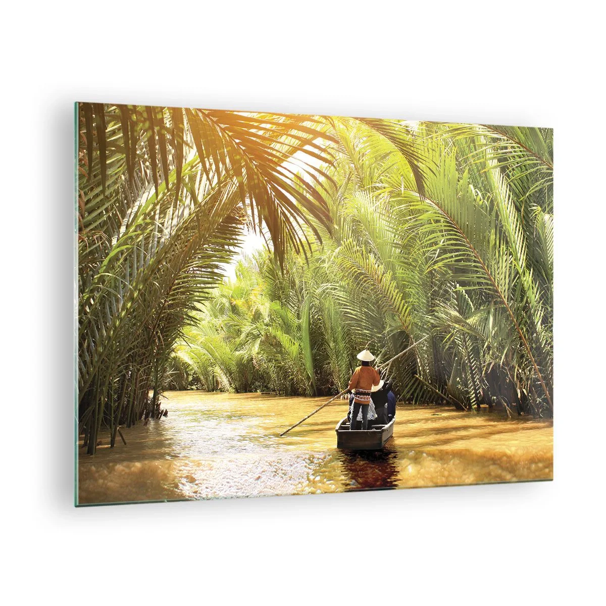 Impression sur verre - Image sur verre - Un bateau avec un homme à la rame navigue à travers une gorge bordée de palmiers - 70x50cm - Ravin de palmier - Décoration murale moderne pour le salon et la chambre ARTTOR