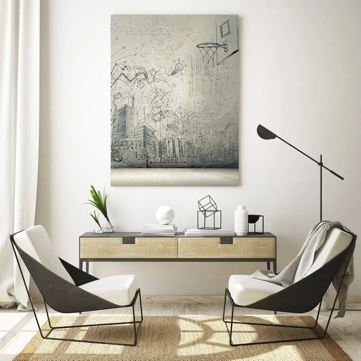 Impression sur verre - Image sur verre - Dessins et schémas sur fond de mur brut - 70x100cm - Ma vie fantastique en ville - Décoration murale moderne pour le salon et la chambre ARTTOR