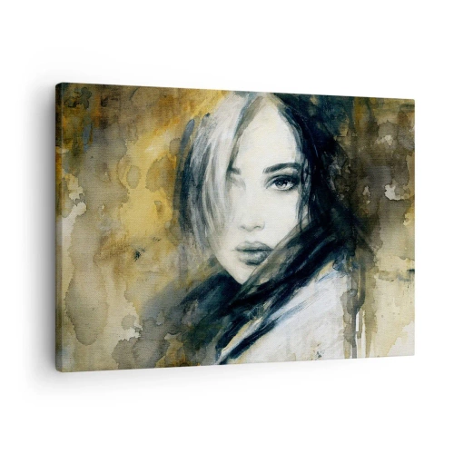 Impression sur toile - Image sur toile - Portrait d'une femme sur fond de taches abstraites dans les tons beiges - 70x50cm - plutôt innocente ou sensuelle ? - Décoration murale moderne pour le salon et la chambre ARTTOR