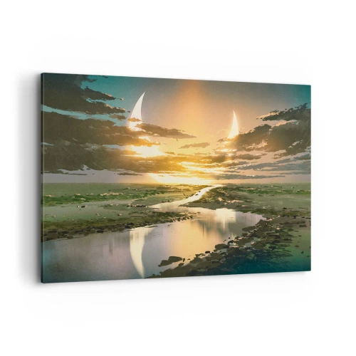 Impression sur toile - Image sur toile - Un paysage fantastique avec deux lunes à l'horizon - 100x70cm - Quelque part dans une galaxie lointaine, très lointaine - Décoration murale moderne pour le salon et la chambre ARTTOR