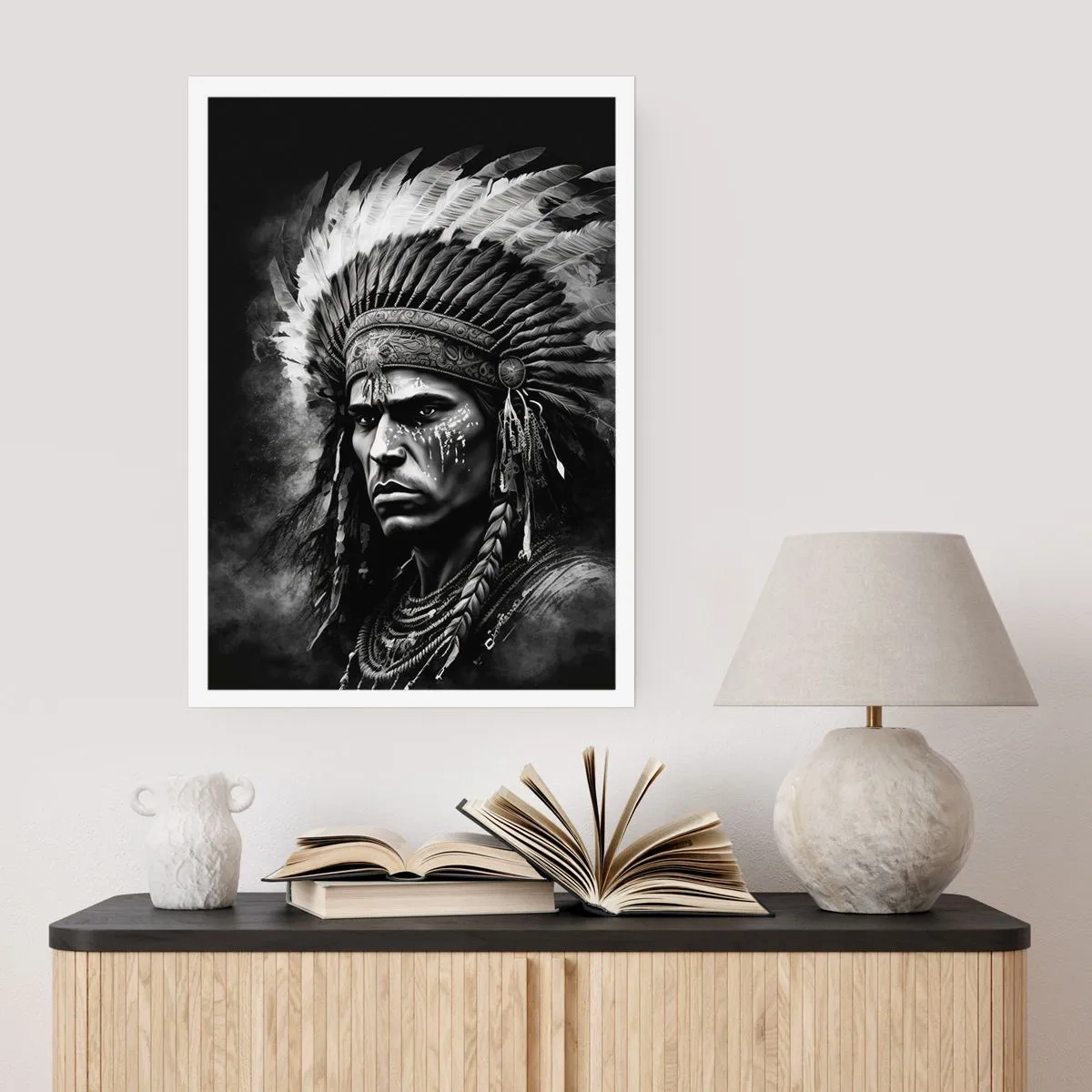 Affiche - Poster - Portrait d'un guerrier portant une coiffe de plumes traditionnelle - 50x70cm - Un leader et un guerrier - Décoration murale moderne pour le salon et la chambre ARTTOR