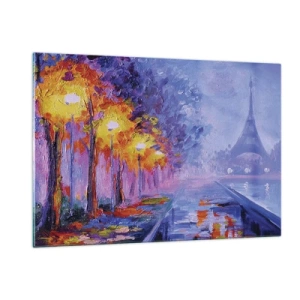 Impression sur verre - Image sur verre - Promenade nocturne à Paris avec la Tour Eiffel - 120x80cm - Une ballade idéale - Décoration murale moderne pour le salon et la chambre ARTTOR