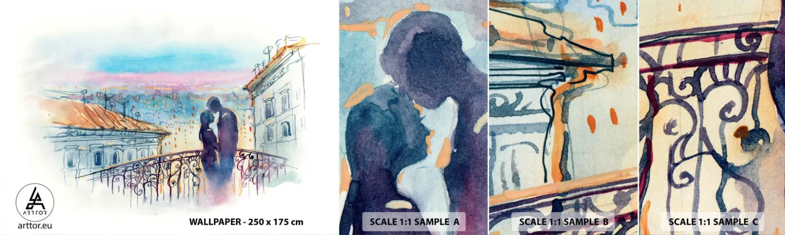 Échantillon De Papier Peint Standard Eco - Amoureux de Paris - Architecture, Ville, Couple d'amoureux - 100x30 cm