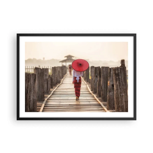 Affiche dans un cadre noir - Poster - Une femme avec un parapluie rouge sur un pont en bois - 70x50cm - Sur le vieux pont - Décoration murale moderne pour le salon et la chambre ARTTOR